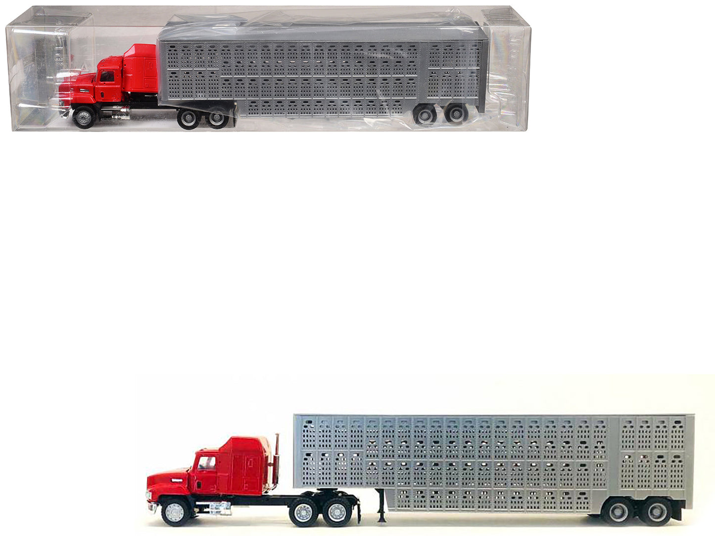 Mack CH 613 with Sleeper Cab Red with Silver Livestock Trailer 1/87 (HO) Plastic Model Car by Promotex free shipping USA