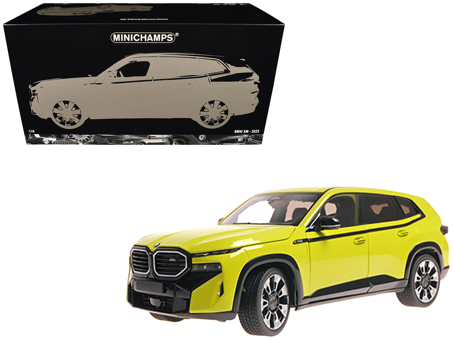 2023 BMW XM Yellow with Black Stripes 1/18 Diecast Model Car by Minichamps free shipping USA