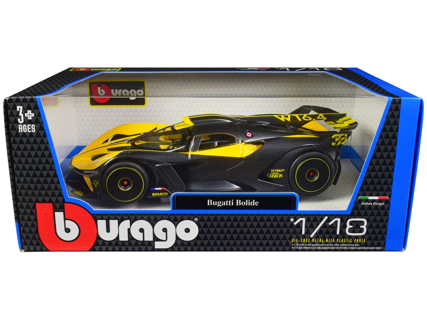 Bugatti Bolide Yellow and Carbon Gray 1/18 Diecast Model Car by Bburago free shipping USA