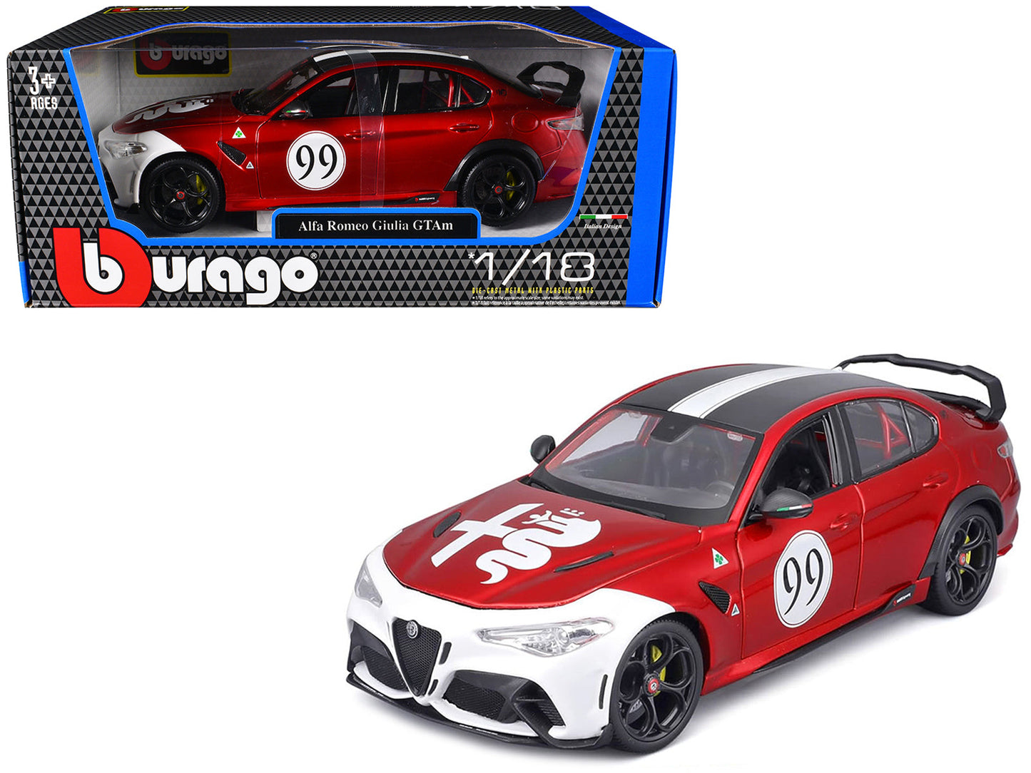 Alfa Romeo Giulia GTAm #99 Red Metallic with Black Top and White Graphics 1/18 Diecast Model Car by Bburago free shipping USA