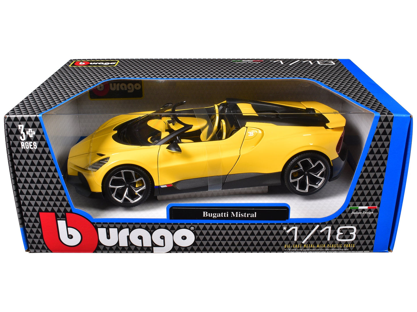 Bugatti Mistral Yellow with Carbon Accents 1/18 Diecast Model Car by Bburago free shipping USA
