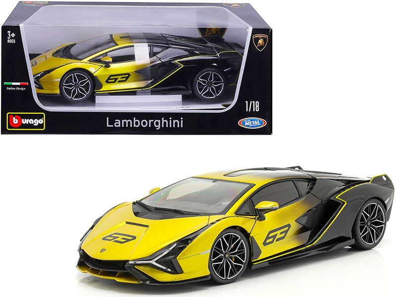 Lamborghini Sian FKP 37 #63 Yellow Metallic and Black 1/18 Diecast Model Car by Bburago free shipping USA