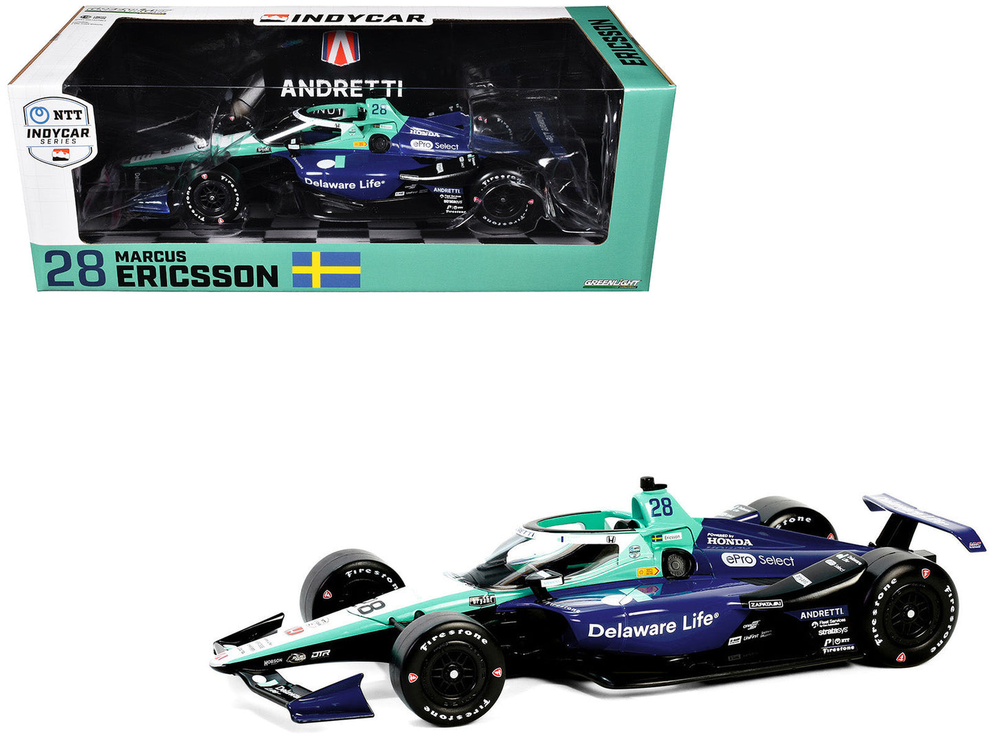Dallara IndyCar #28 Marcus Ericsson "Delaware Life" Andretti Autosport "NTT IndyCar Series" (2024) 1/18 Diecast Model Car by Greenlight free shipping USA