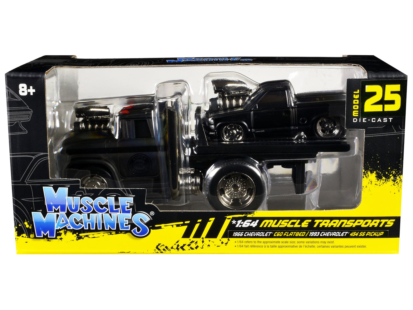 1966 Chevrolet C60 Flatbed Truck Matt Black and 1993 Chevrolet 454 SS Pickup Truck Matt Black "Muscle Transports" Series 1/64 Diecast Models by Muscle Machines free shipping USA