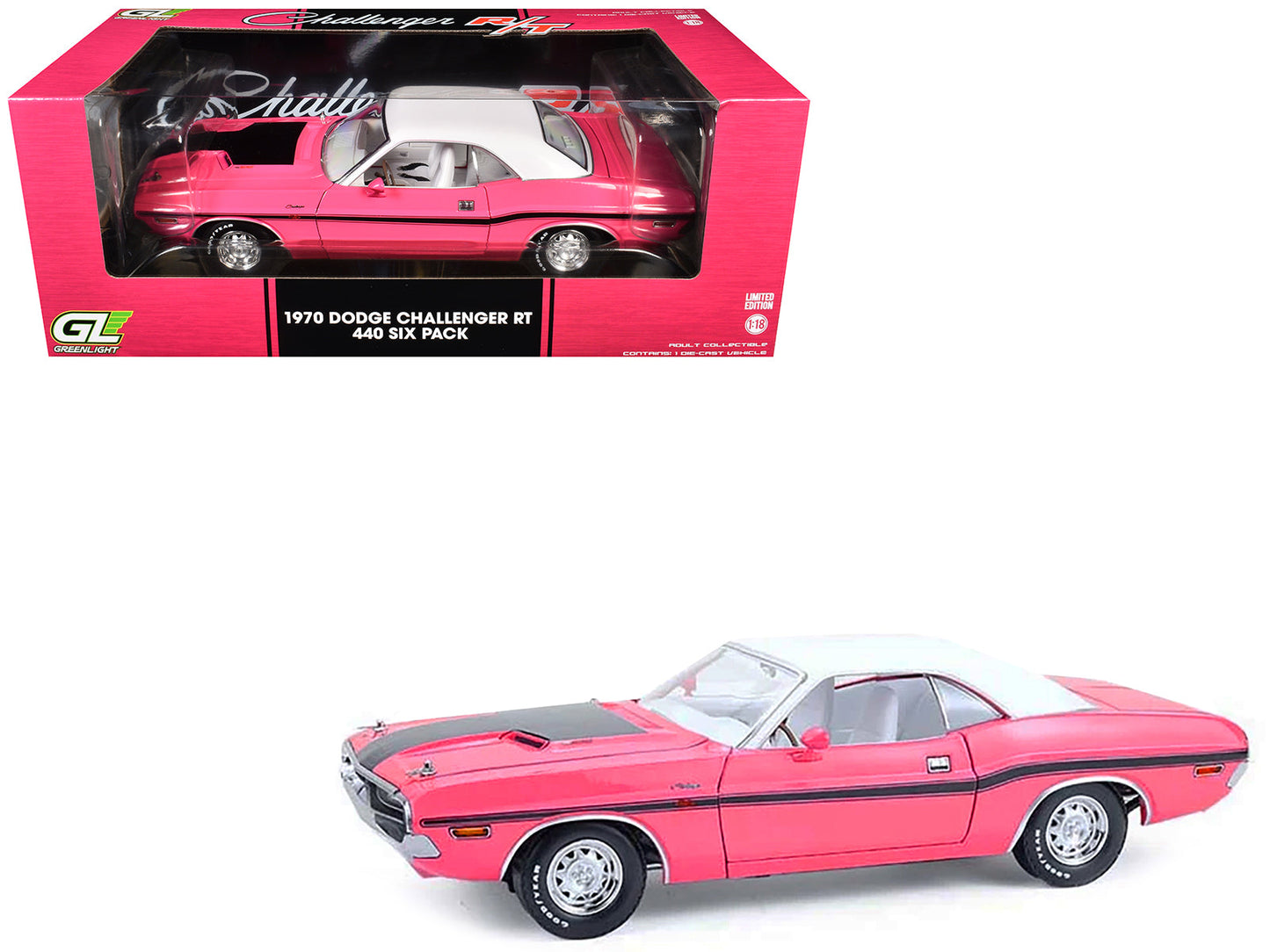 1970 Dodge Challenger R/T 440 Six Pack Panther Pink with Black Stripes White Top and White Interior 1/18 Diecast Model Car by Greenlight free shipping USA