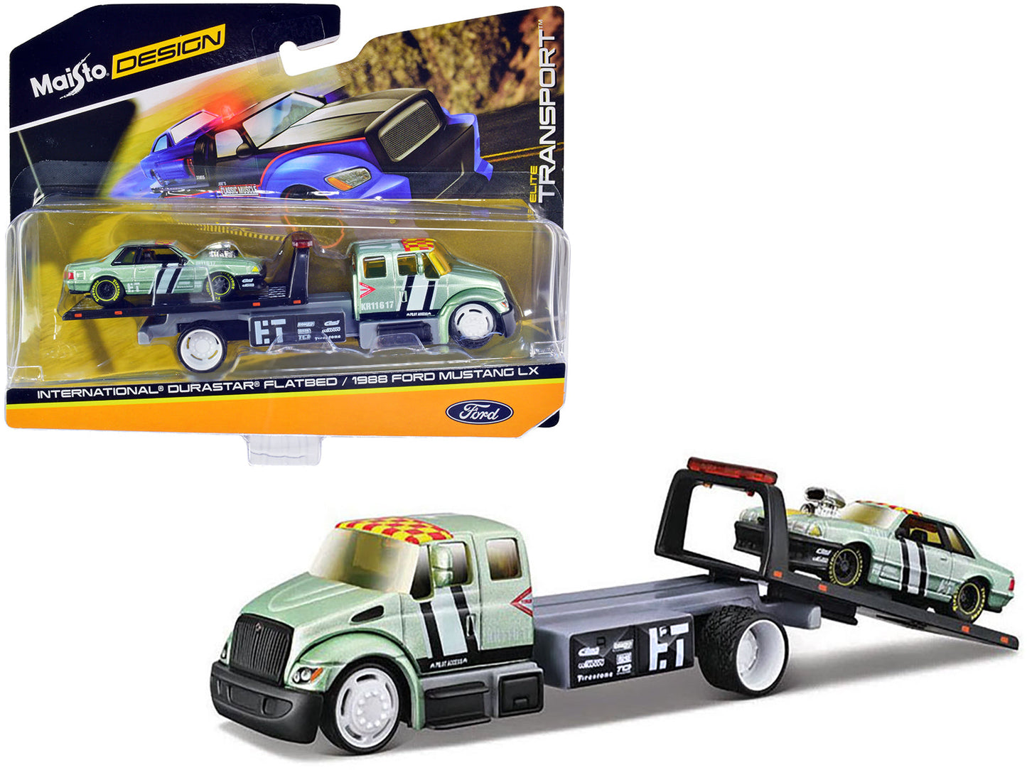 International DuraStar Flatbed Truck #17 and 1988 Ford Mustang LX #17 Light Green Metallic with Stripes and Graphics "Elite Transport" Series 1/64 Diecast Models by Maisto free shipping USA
