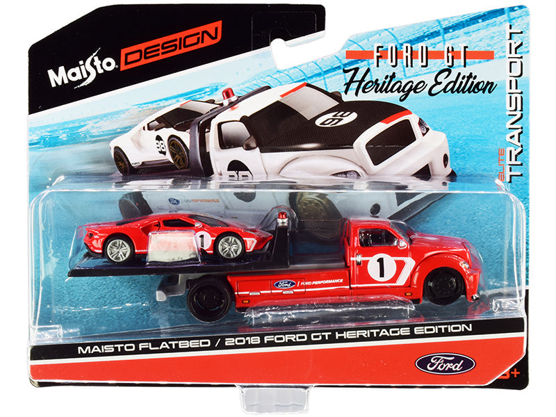 2018 Ford GT #1 Heritage Edition with Flatbed Truck Red with White Stripes "Elite Transport" Series 1/64 Diecast Model Cars by Maisto free shipping USA