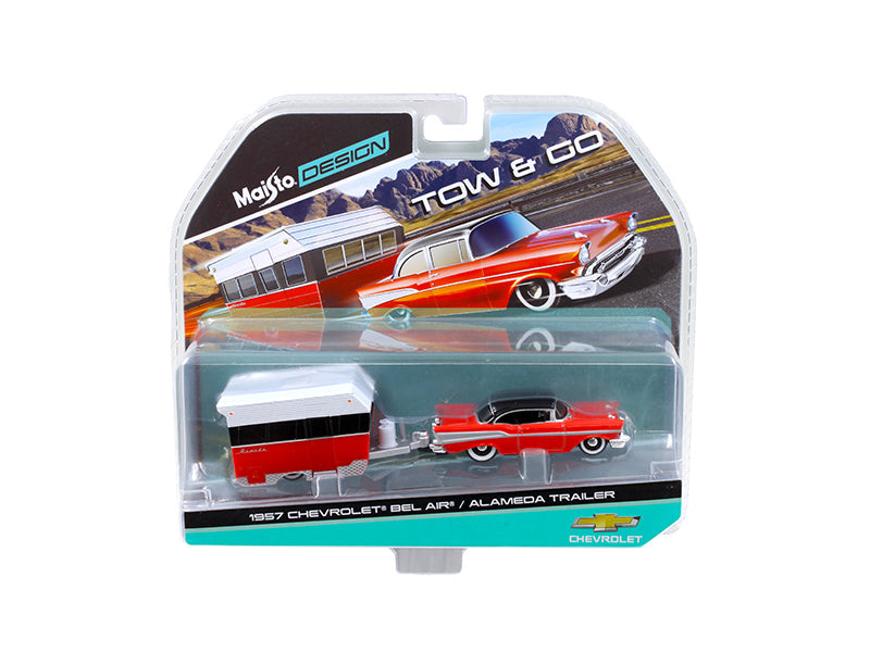 1957 Chevrolet Bel Air with Alameda Trailer Red Tow & Go 1/64 Diecast Model by Maisto free shipping USA