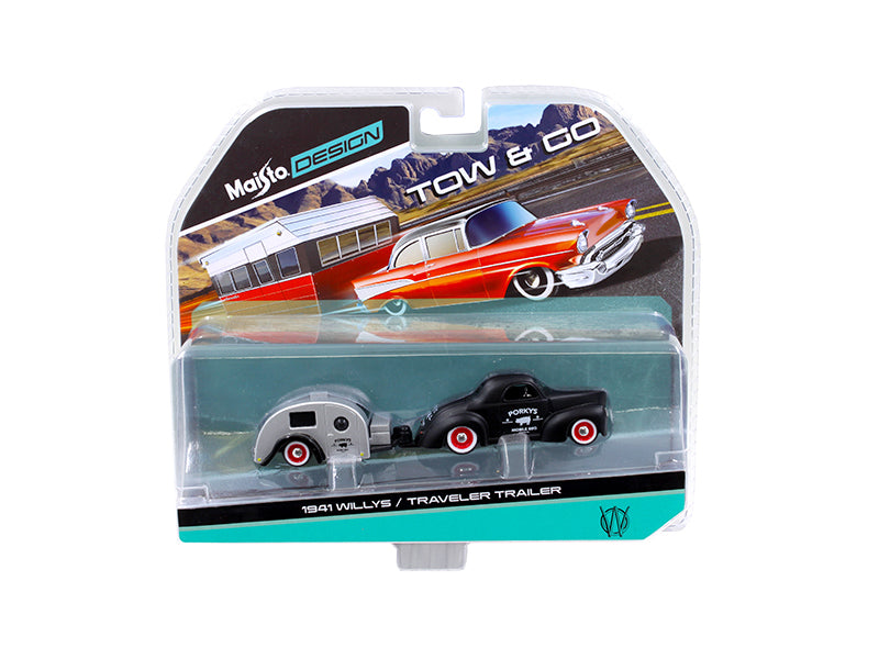 1941 Willys Matt Black and Traveler Trailer Tow & Go 1/64 Diecast Model by Maisto free shipping USA