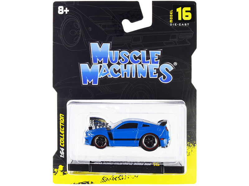 2013 Ford Mustang Boss 302 Light Blue with Black Stripes 1/64 Diecast Model Car by Muscle Machines free shipping USA