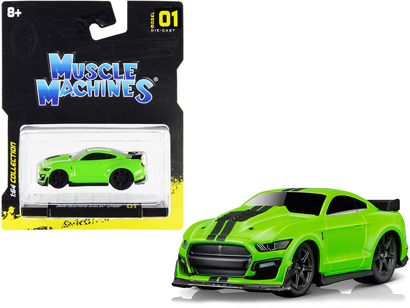 2020 Ford Mustang Shelby GT500 Bright Green with Black Stripes 1/64 Diecast Model Car by Muscle Machines free shipping USA