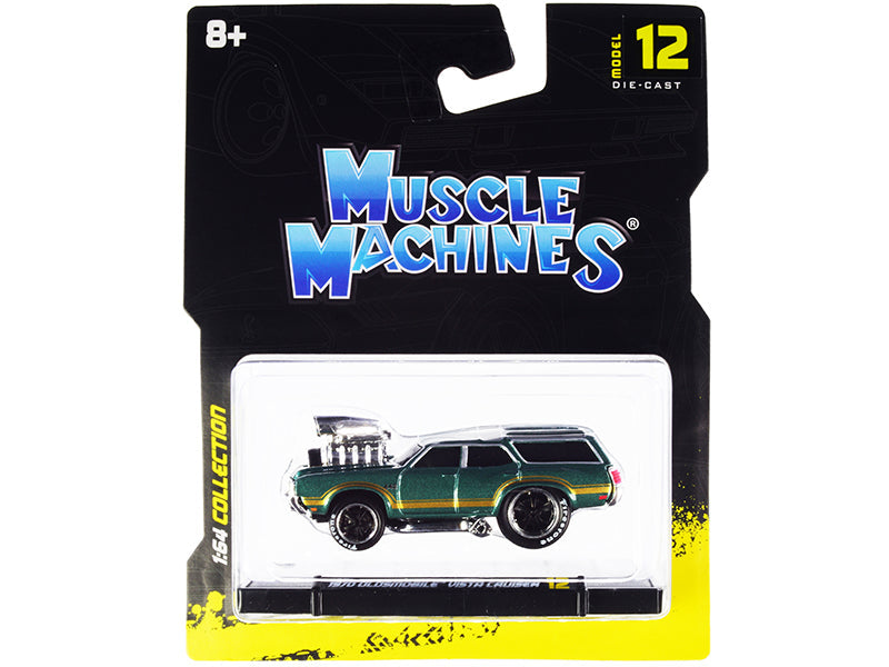 1970 Oldsmobile Vista Cruiser 442 Green Metallic with Gold Stripes 1/64 Diecast Model Car by Muscle Machines free shipping USA