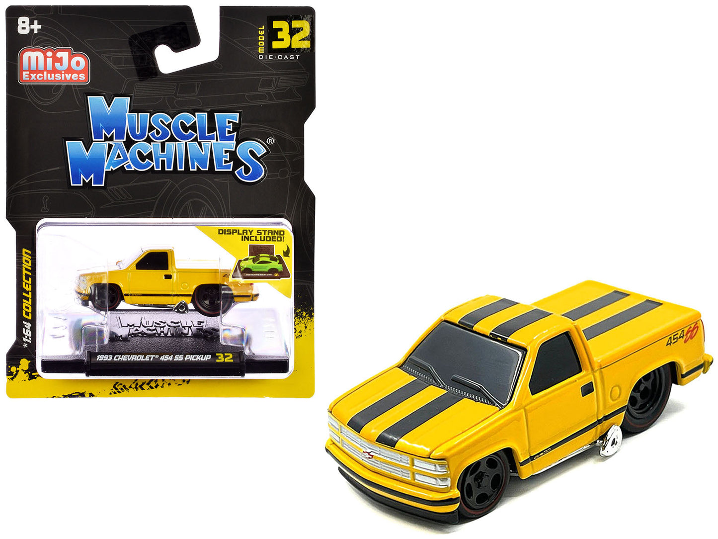 1993 Chevrolet 454 SS Pickup Truck Yellow with Black Stripes 1/64 Diecast Model Car by Muscle Machines free shipping USA