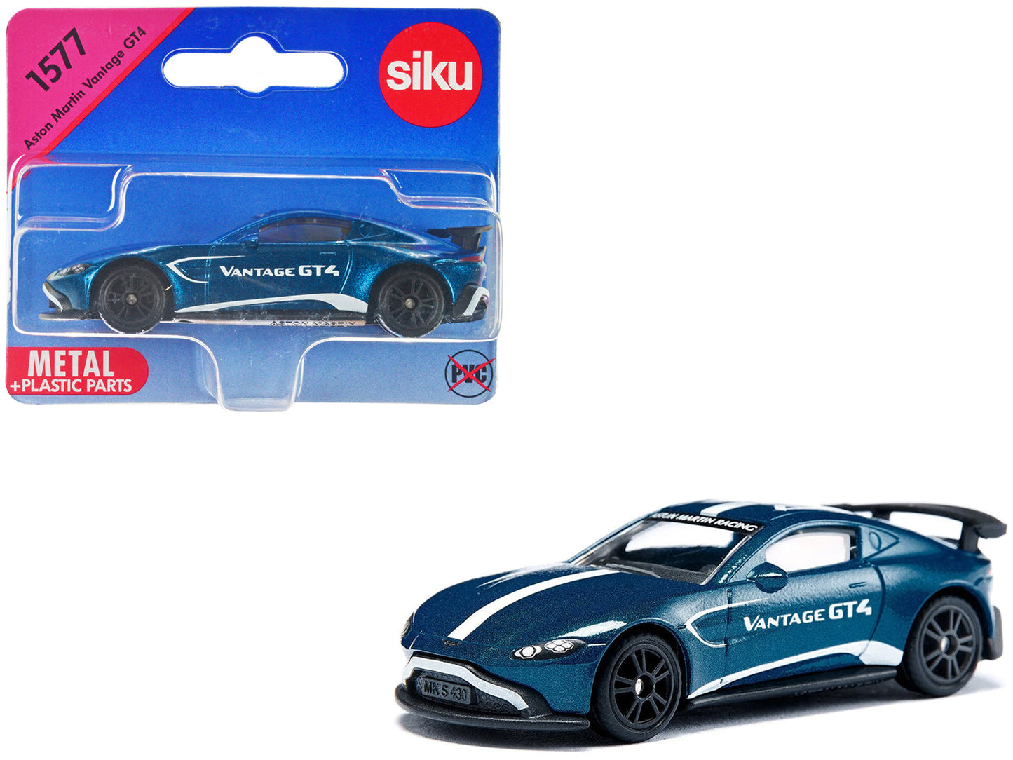 Aston Martin Vantage GT4 Blue Metallic with White Stripes Diecast Model Car by Siku free shipping USA