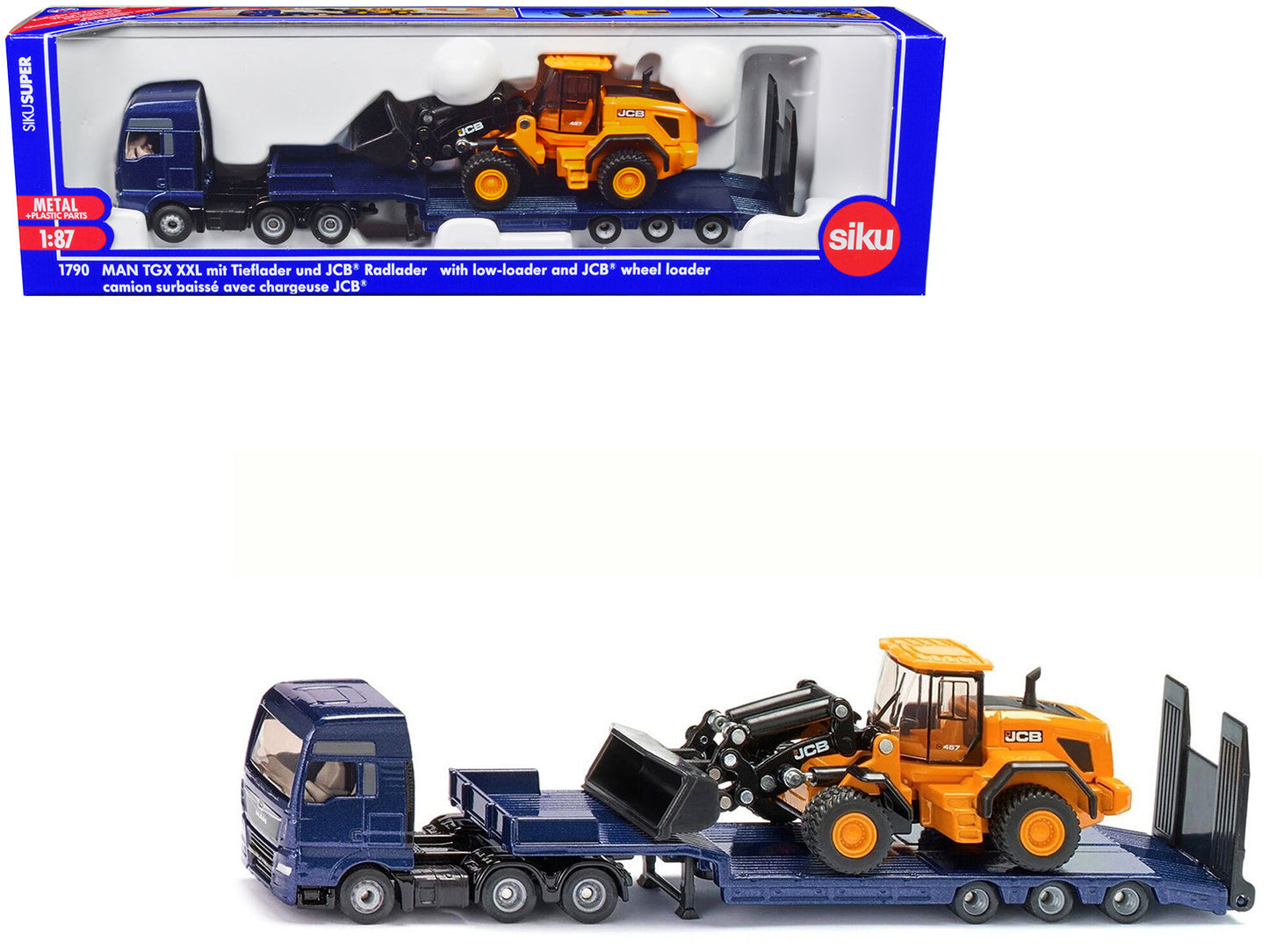 MAN Truck Blue Metallic with Low Loader Trailer and JCB 457 Wheel Loader Yellow 1/87 (HO) Diecast Model by Siku free shipping USA