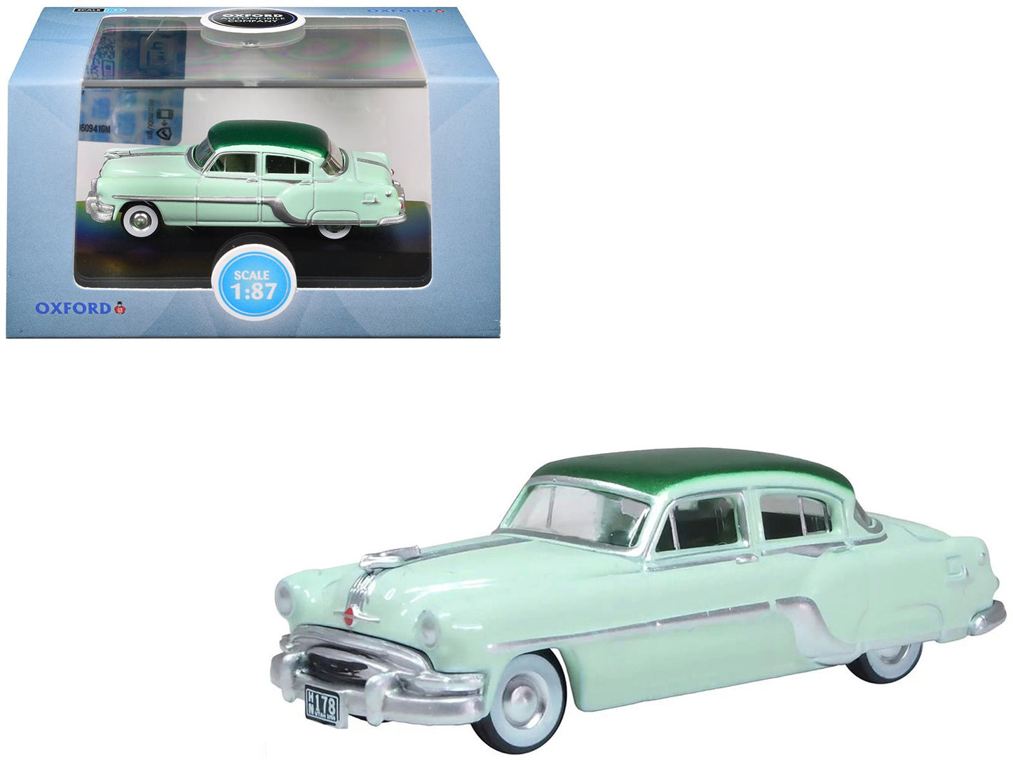1954 Pontiac Chieftain 4 Door Shannon Green with Brookmere Green Top 1/87 (HO) Scale Diecast Model Car by Oxford Diecast free shipping USA