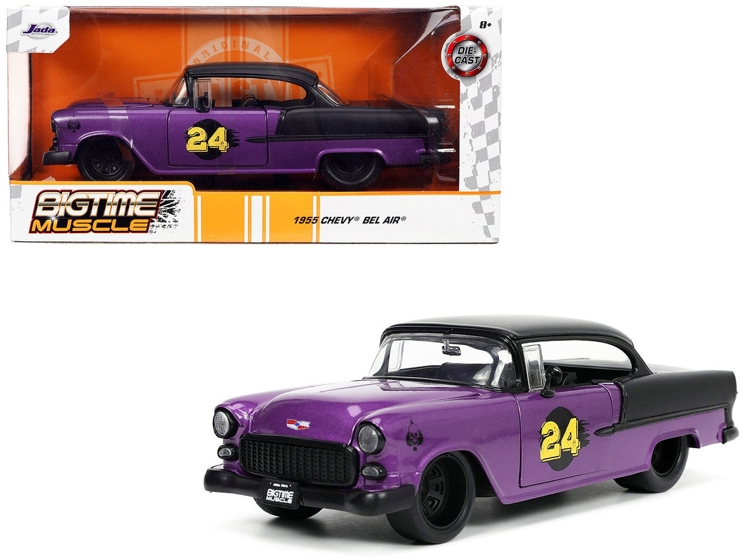 1955 Chevrolet Bel Air #24 Purple Metallic and Matt Black "Bigtime Muscle" Series 1/24 Diecast Model Car by Jada free shipping USA