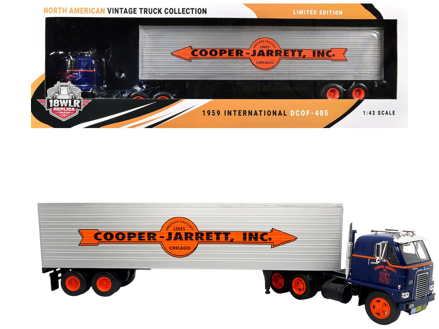 1959 International DCOF-405 Truck with Box Trailer "Cooper Jarrett Inc." Dark Blue with Orange Stripes "North American Vintage Truck Collection" 1/43 Diecast Model by Iconic Replicas free shipping USA