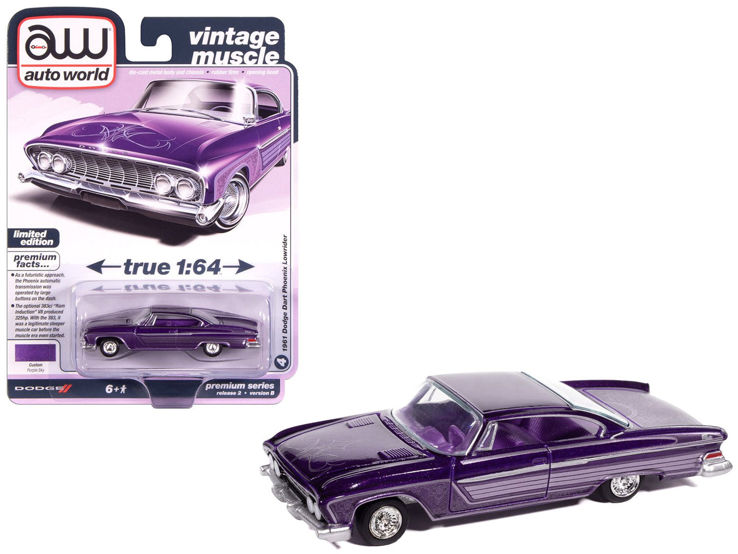 1961 Dodge Dart Phoenix Lowrider Purple Sky Metallic with Graphics and Purple Interior "Vintage Muscle" Series 1/64 Diecast Model Car by Auto World free shipping USA