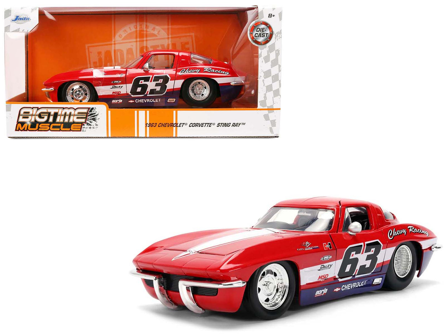1963 Chevrolet Corvette Stingray #63 "Chevy Racing" Red with White and Blue Stripes "Bigtime Muscle" Series 1/24 Diecast Model Car by Jada free shipping USA