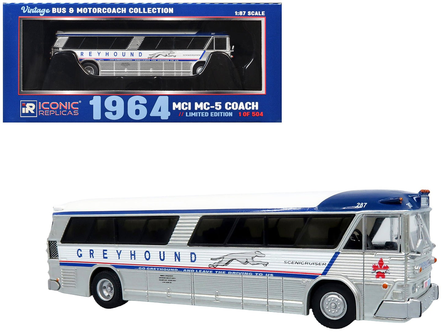 1964 MCI MC-5A Coach Bus "Greyhound Canada" White with Blue Stripes "Vintage Bus & Motorcoach Collection" Limited Edition to 504 pieces Worldwide 1/87 (HO) Diecast Model by Iconic Replicas free shipping USA
