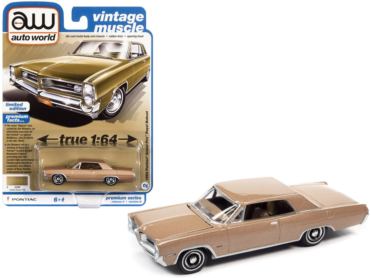 1964 Pontiac Grand Prix Royal Bobcat Saddle Bronze Metallic "Vintage Muscle" Limited Edition 1/64 Diecast Model Car by Auto World free shipping USA