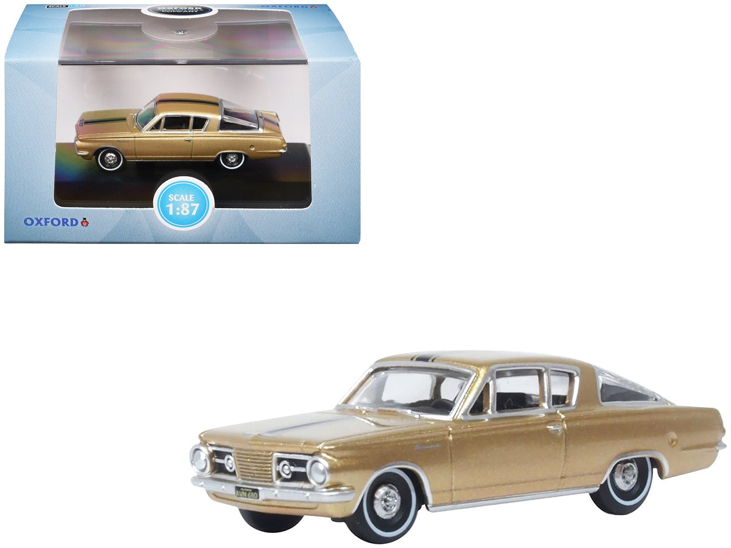 1965 Plymouth Barracuda Gold Metallic with Black Stripes 1/87 (HO) Scale Diecast Model Car by Oxford Diecast free shipping USA