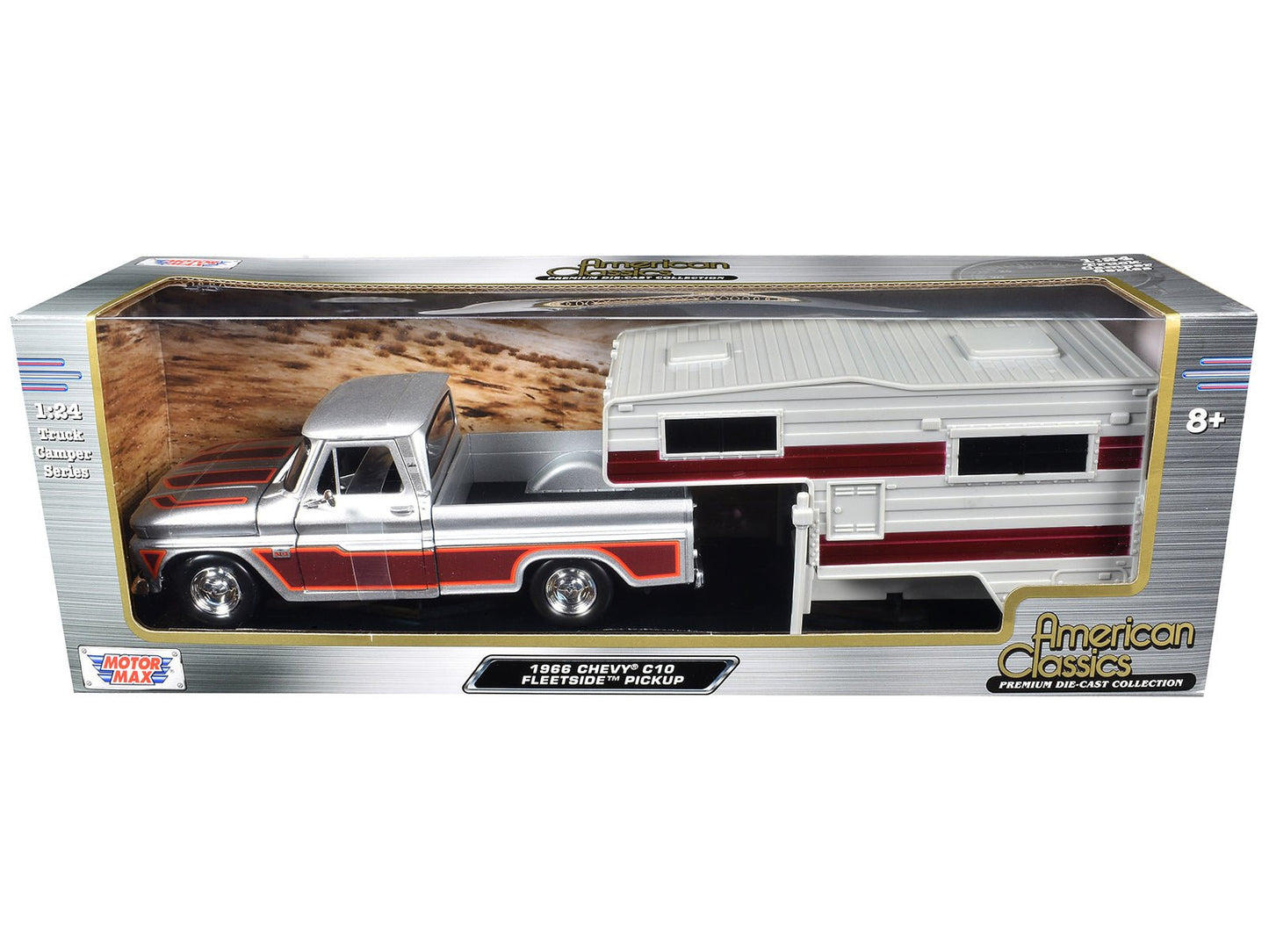 1966 Chevrolet C10 Fleetside Pickup Truck Silver Metallic with Brown Sides with Camper Shell "American Classics" Series 1/24 Diecast Model Car by Motormax free shipping USA