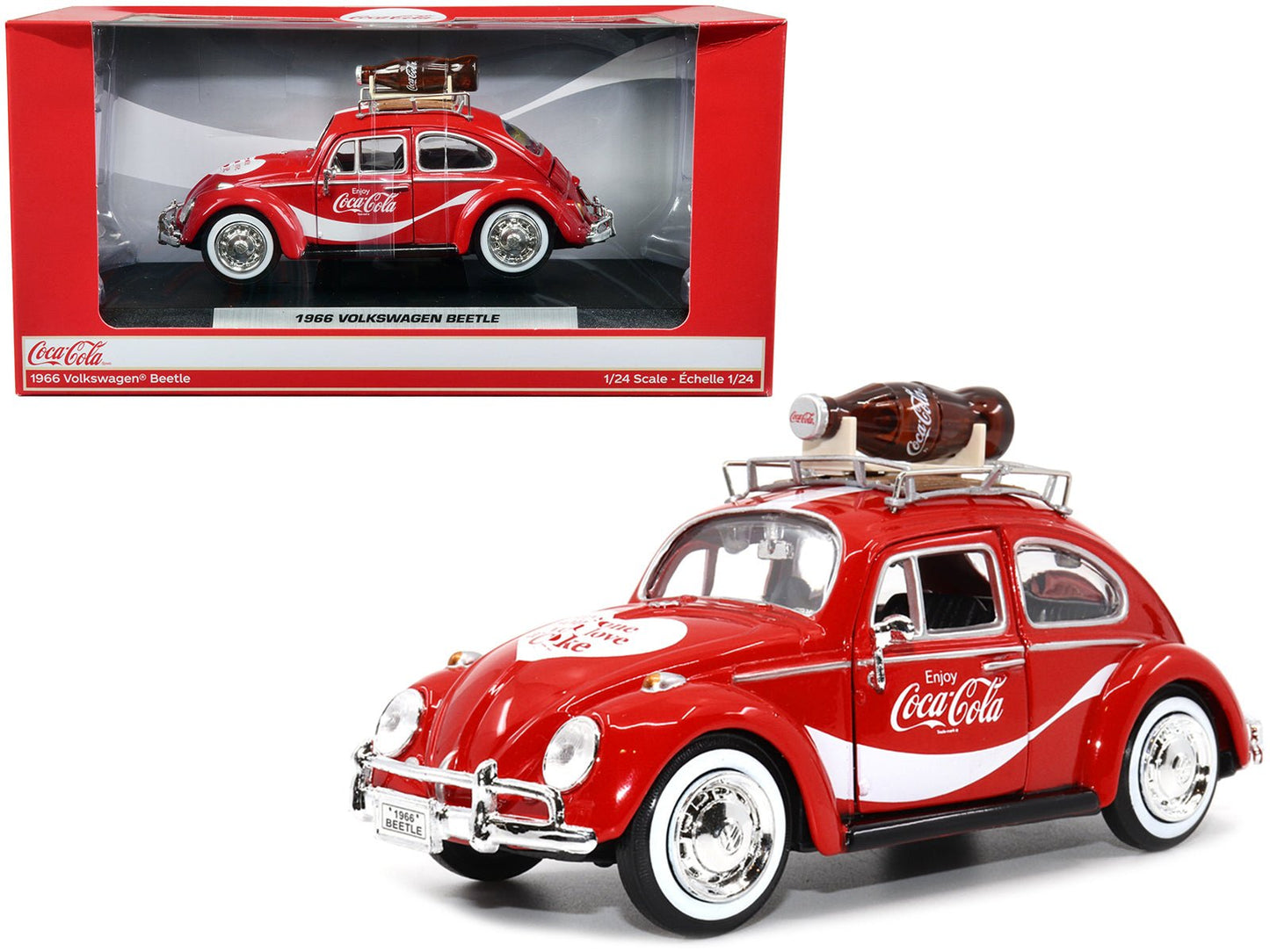 1966 Volkswagen Beetle Red "Enjoy Coca-Cola" with Roof Rack and Accessories 1/24 Diecast Model Car by Motor City Classics free shipping USA