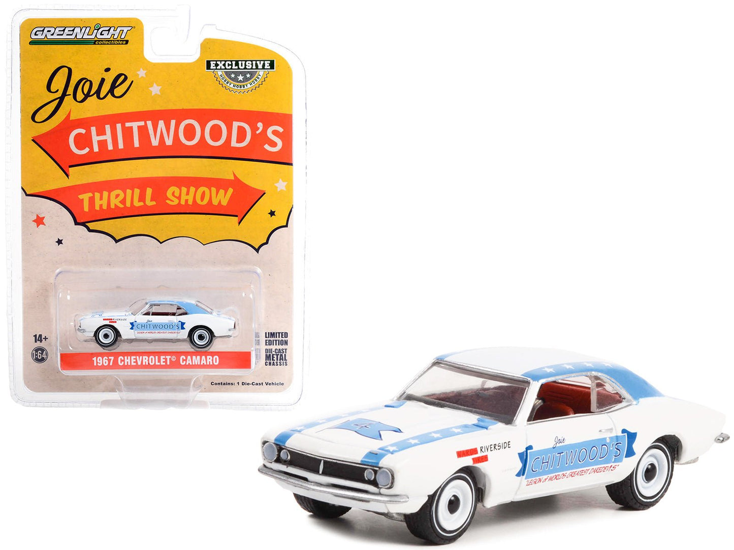1967 Chevrolet Camaro White with Blue Stripes "Joie Chitwood’s Thrill Show: Legion of Worlds Greatest Daredevils" "Hobby Exclusive" Series 1/64 Diecast Model Car by Greenlight free shipping USA