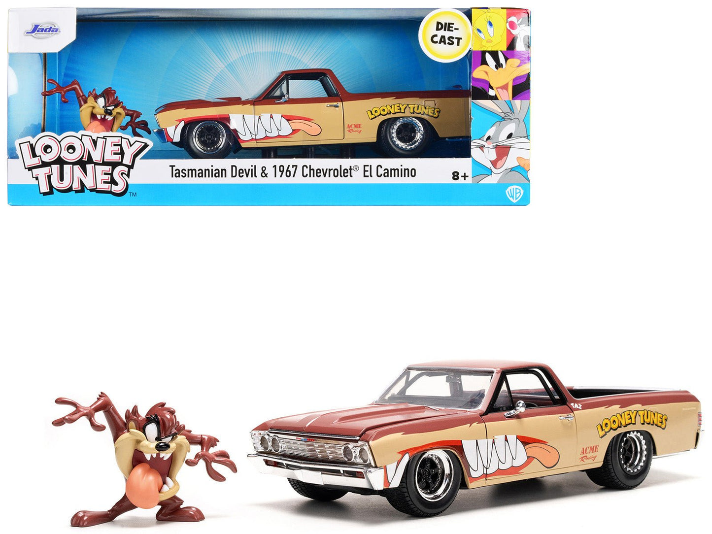 1967 Chevrolet El Camino Brown and Beige with Graphics and Tasmanian Devil (Taz) Diecast Figure "Looney Tunes" "Hollywood Rides" Series 1/24 Diecast Model Car by Jada free shipping USA