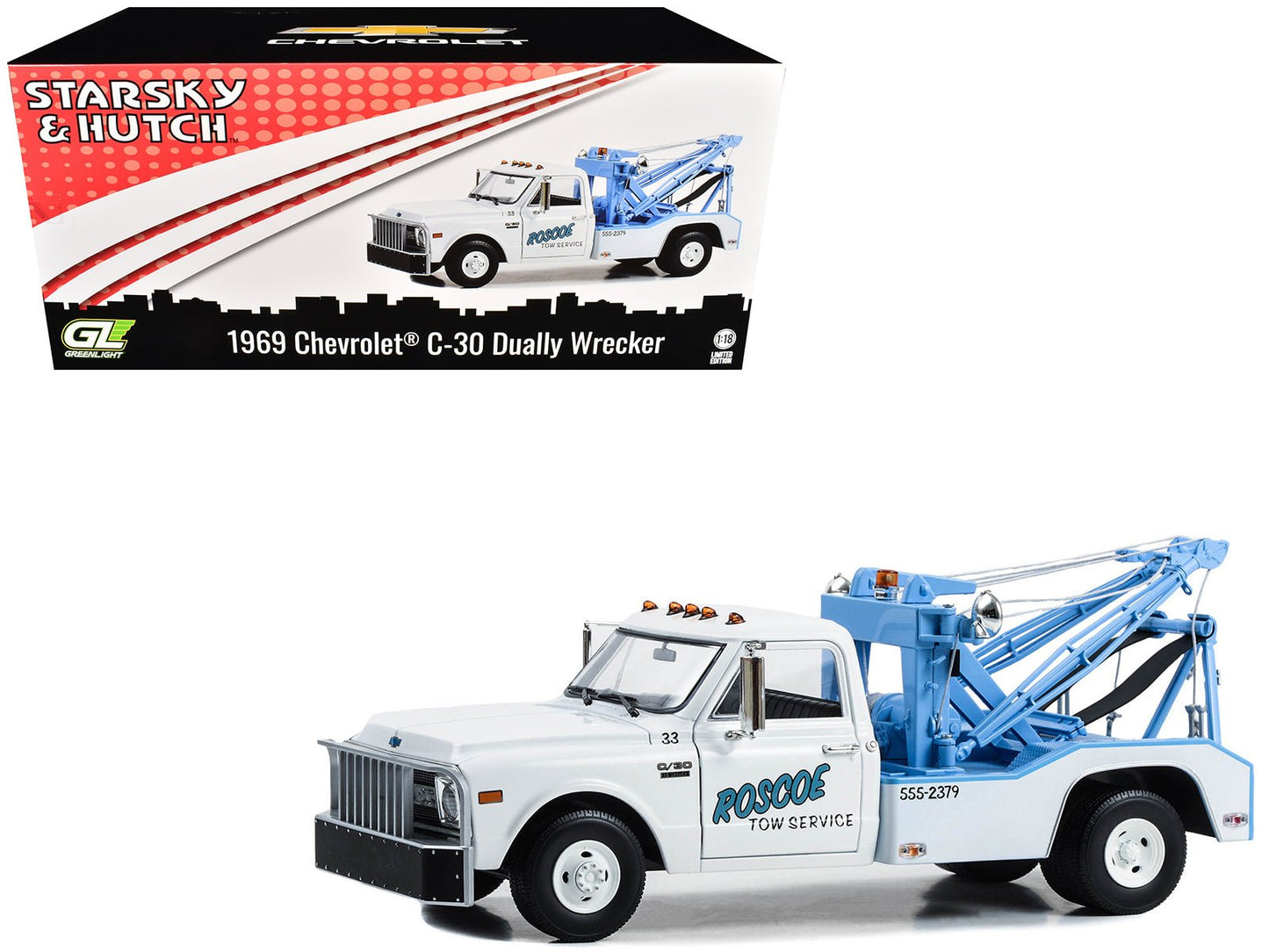 1969 Chevrolet C-30 Dually Wrecker Tow Truck "Roscoe Tow Service" White "Starsky and Hutch" (1975-1979) TV Series 1/18 Diecast Model Car by Greenlight free shipping USA