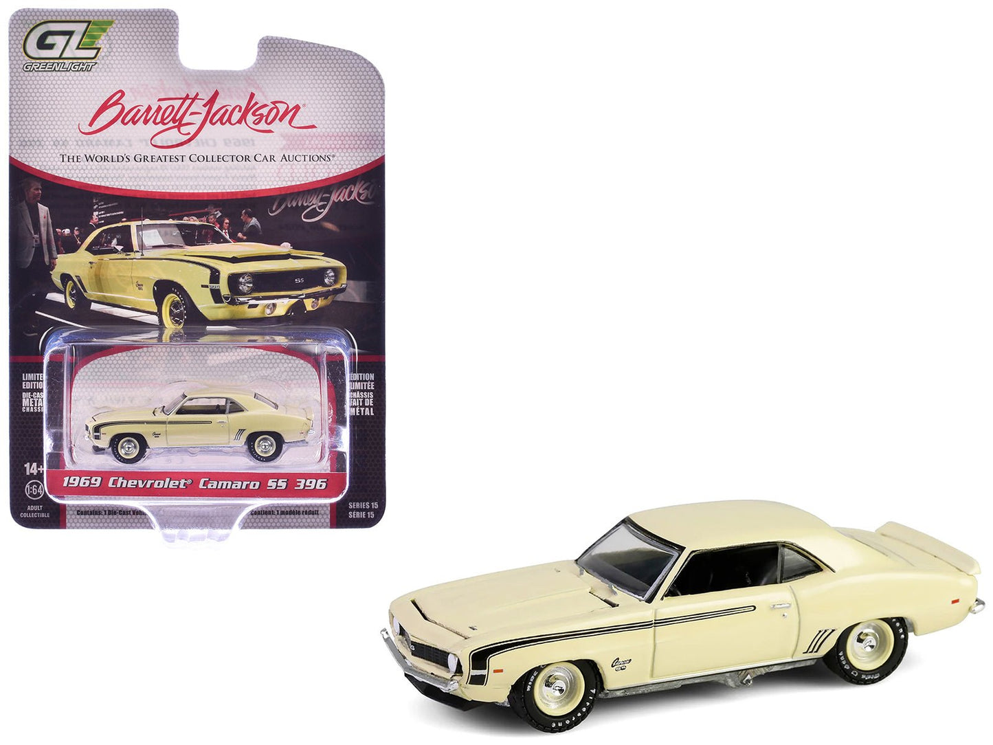1969 Chevrolet Camaro SS 396 Butternut Yellow with Black Stripes "Barrett-Jackson" Series 15 1/64 Diecast Model Car by Greenlight free shipping USA