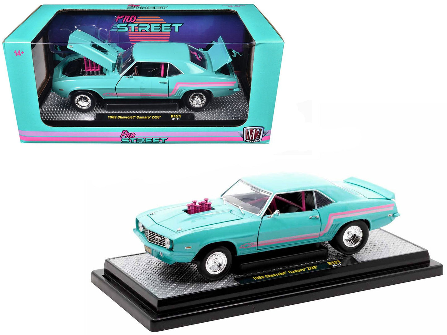 1969 Chevrolet Camaro Z/28 Light Blue with Pink Stripes "Pro Street" Limited Edition to 6250 pieces Worldwide 1/24 Diecast Model Car by M2 Machines free shipping USA