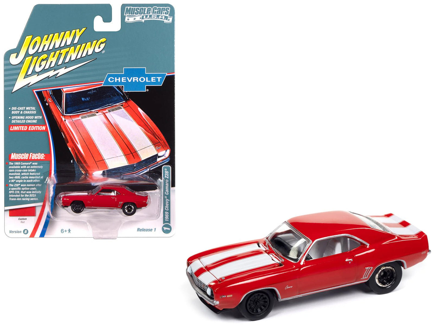1969 Chevrolet Camaro Z28 Red with White Stripes and Interior "Muscle Cars USA" Series 1/64 Diecast Model Car by Johnny Lightning free shipping USA