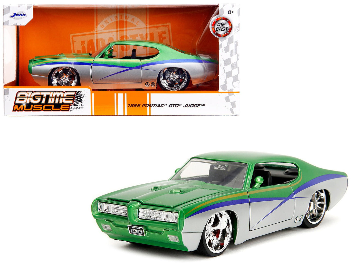 1969 Pontiac GTO Judge Green Metallic and Silver with Stripes "Bigtime Muscle" Series 1/24 Diecast Model Car by Jada free shipping USA