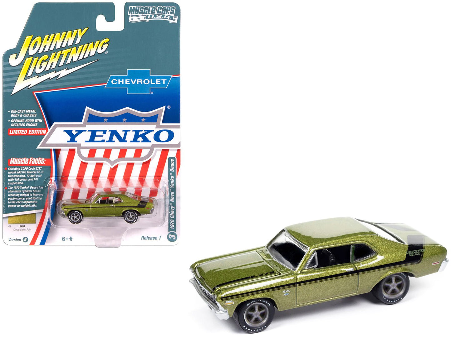1970 Chevrolet Nova Yenko Deuce Citrus Green Metallic with Black Stripes "Muscle Cars USA" Series 1/64 Diecast Model Car by Johnny Lightning free shipping USA