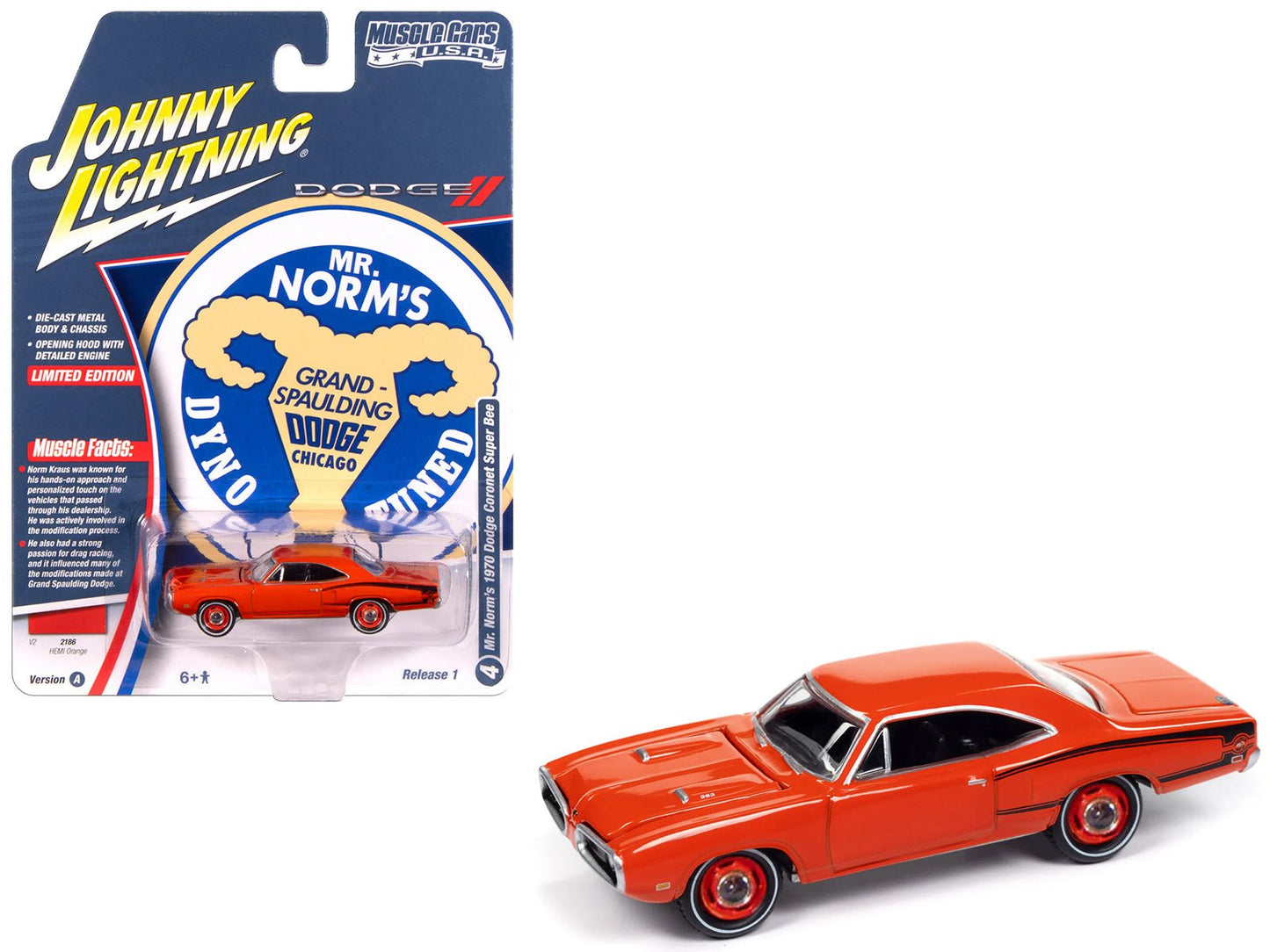1970 Dodge Coronet Super Bee "Mr. Norm's" Hemi Orange with Black Stripes "Muscle Cars USA" Series 1/64 Diecast Model Car by Johnny Lightning free shipping USA