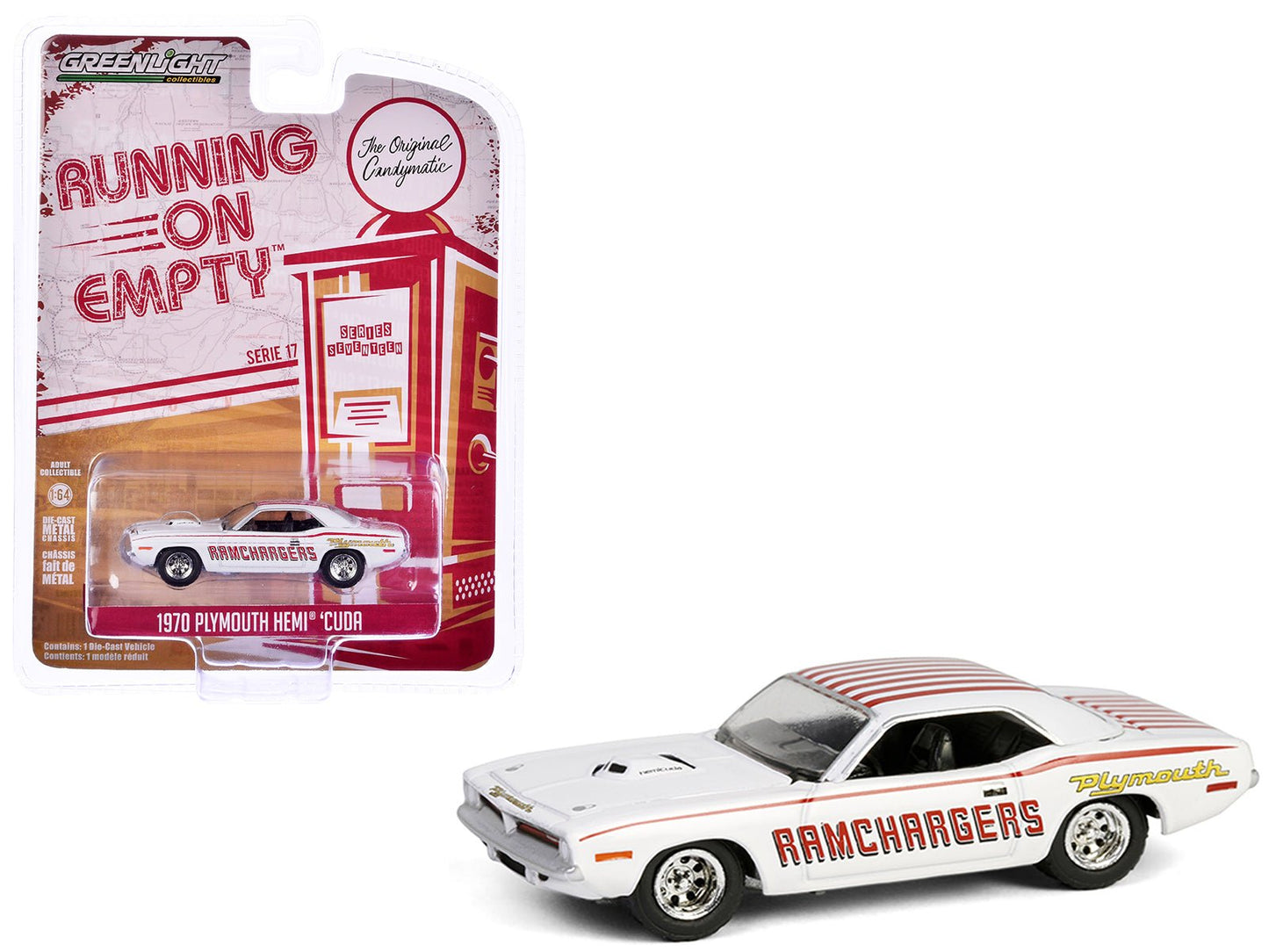 1970 Plymouth Hemi Barracuda "Ramchargers" White with Red Stripes "Running on Empty" Series 17 1/64 Diecast Model Car by Greenlight free shipping USA