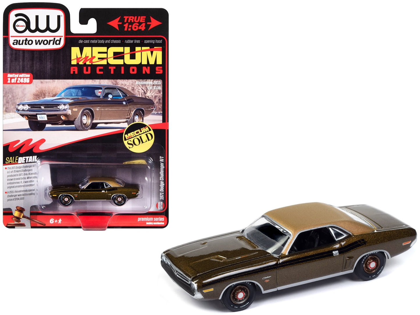 1971 Dodge Challenger R/T Dark Gold Metallic with Gold Vinyl Roof "Mecum Auctions" Limited Edition to 2496 pieces Worldwide "Premium" Series 1/64 Diecast Model Car by Auto World free shipping USA