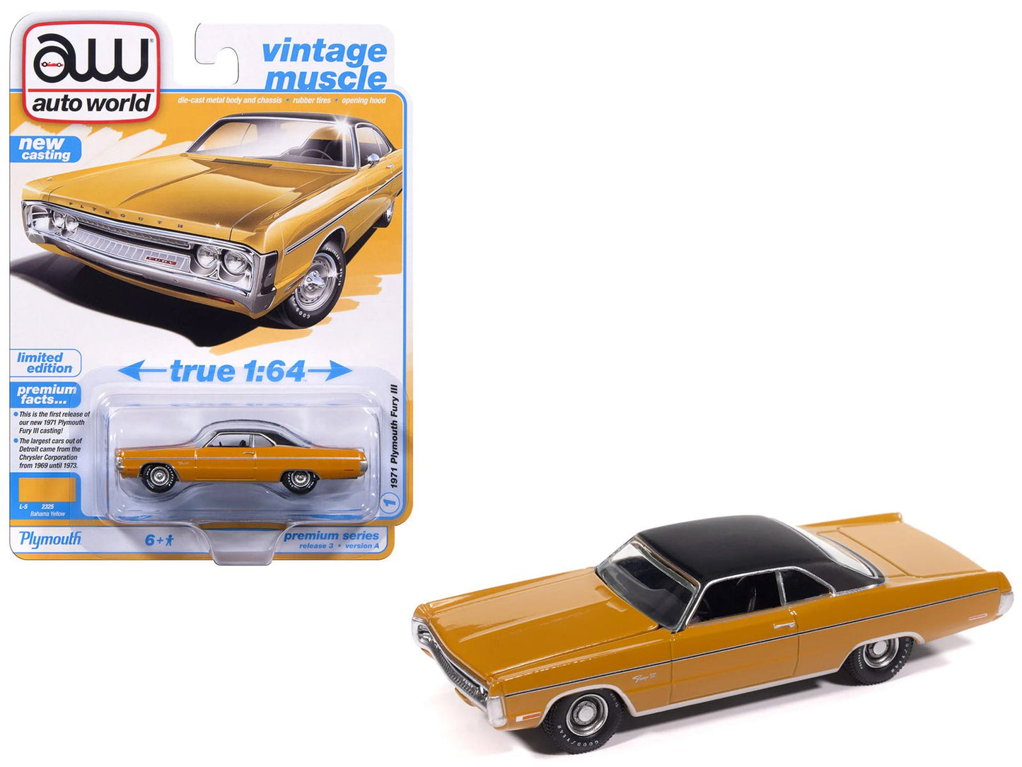 1971 Plymouth Fury III Bahama Yellow with Black Top "Vintage Muscle" Series 1/64 Diecast Model Car by Auto World free shipping USA