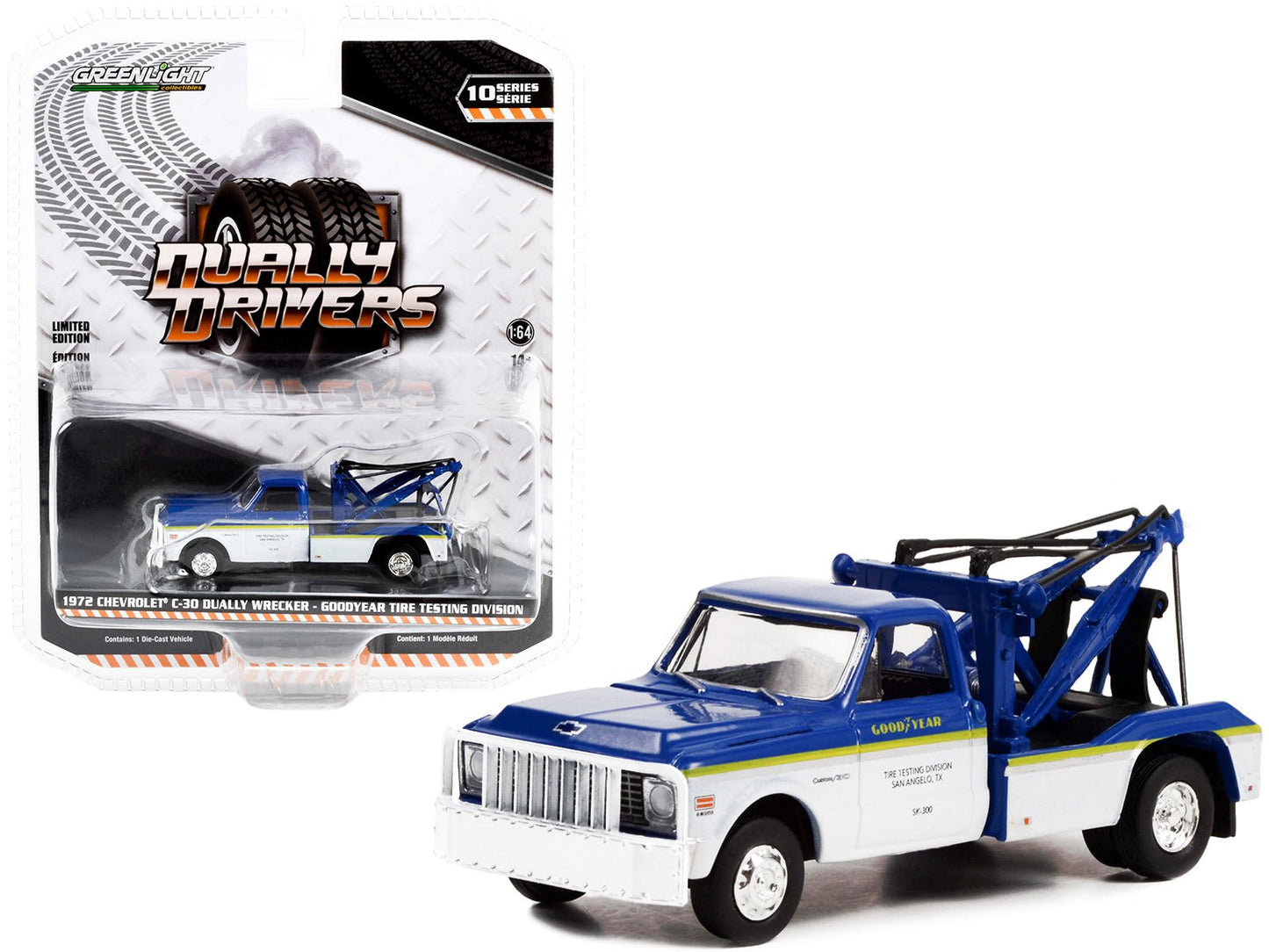 1972 Chevrolet C-30 Dually Wrecker Truck White and Blue with Yellow Stripes "Goodyear Tire Testing Division" "Dually Drivers" Series 10 1/64 Diecast Model Car by Greenlight free shipping USA