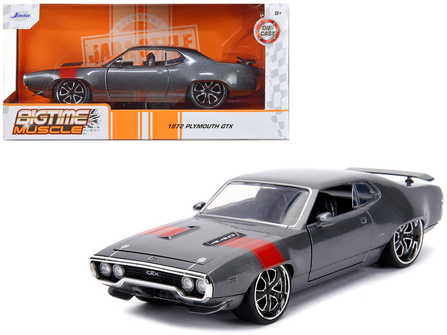 1972 Plymouth GTX 440 Metallic Gray with Red Stripe "Bigtime Muscle" 1/24 Diecast Model Car by Jada free shipping USA