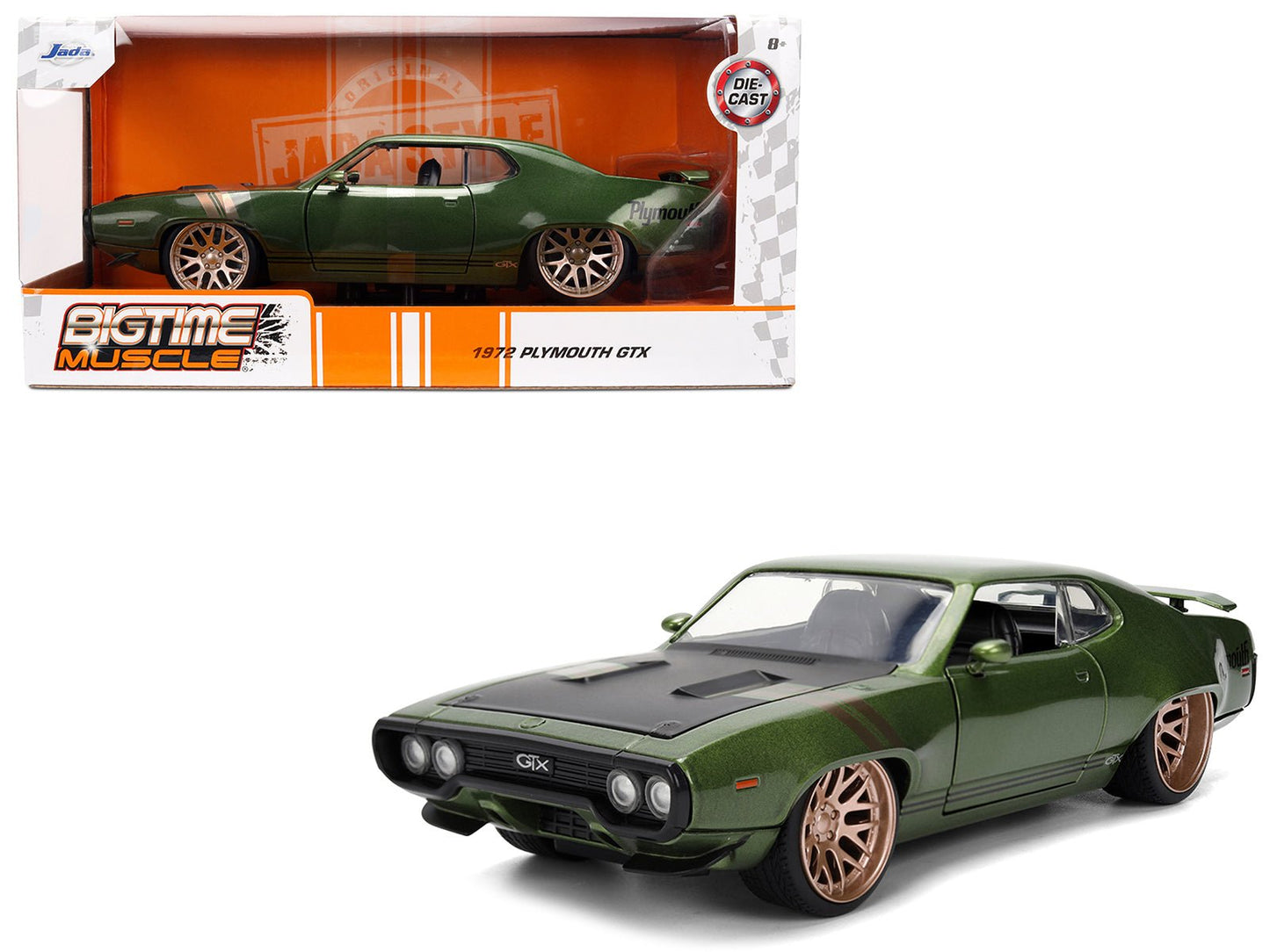 1972 Plymouth GTX Green Metallic with Matt Black Hood and Gold Stripes "Bigtime Muscle" Series 1/24 Diecast Model Car by Jada free shipping USA