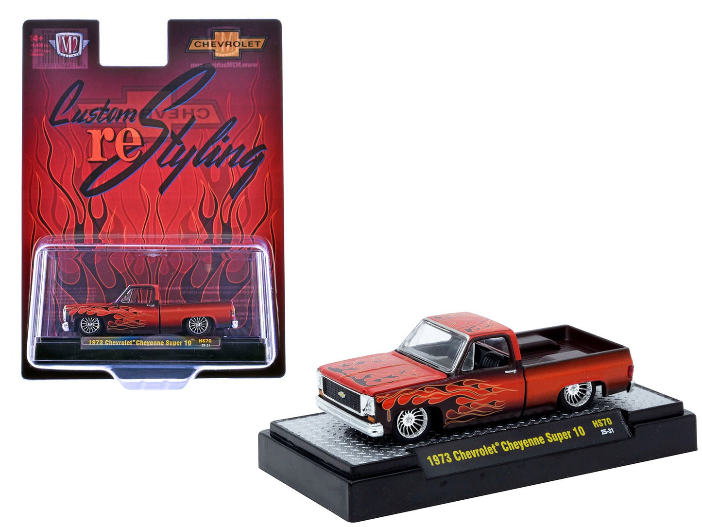 1973 Chevrolet Cheyenne Super 10 Pickup Truck "Custom Re-Styling" Red with Flame Graphics Limited Edition to 14498 pieces Worldwide 1/64 Diecast Model Car by M2 Machines free shipping USA