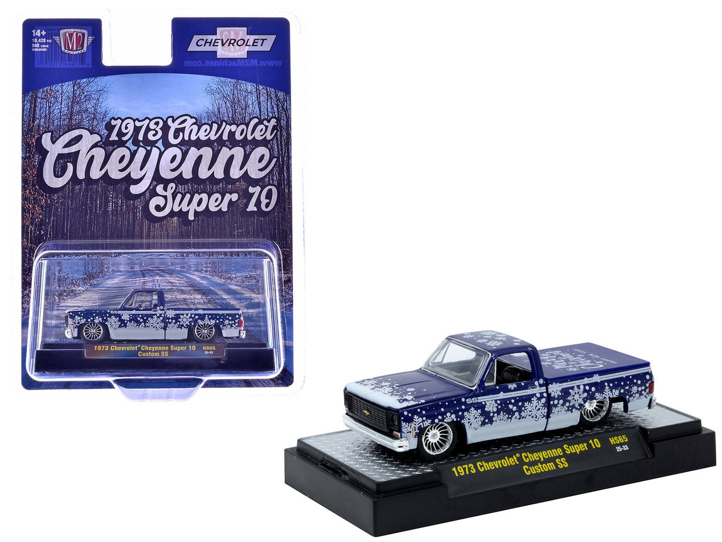 1973 Chevrolet Cheyenne Super 10 Pickup Truck "Merry Christmas - Happy New Year" Blue Metallic with White Snow Graphics Limited Edition to 10428 pieces Worldwide 1/64 Diecast Model Car by M2 Machines free shipping USA