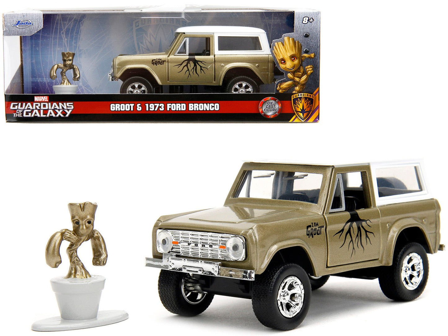 1973 Ford Bronco Gold Metallic with White Top and Groot Diecast Figure "Guardians of the Galaxy" "Marvel" Series 1/32 Diecast Model Car by Jada free shipping USA