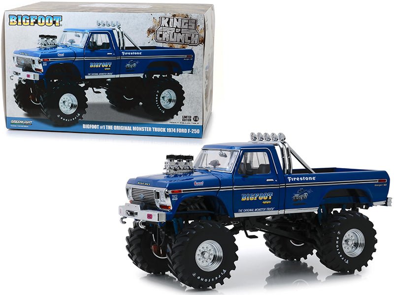 1974 Ford F-250 Bigfoot #1 The Original Monster Truck Blue with 48-Inch Tires "Kings of Crunch" 1/18 Diecast Model Car by Greenlight free shipping USA