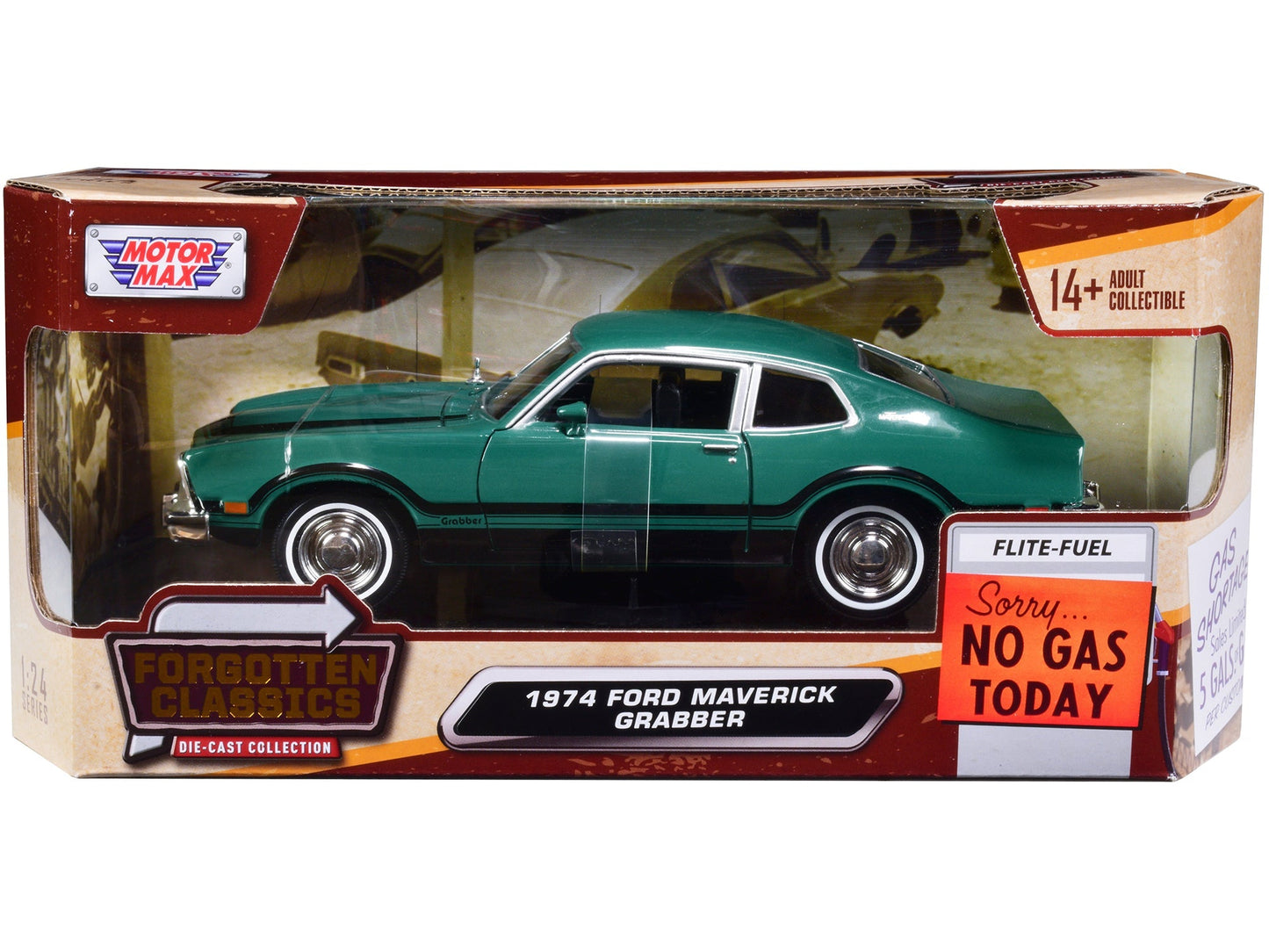 1974 Ford Maverick Grabber Green with Black Stripes "Forgotten Classics" Series 1/24 Diecast Model Car by Motormax free shipping USA