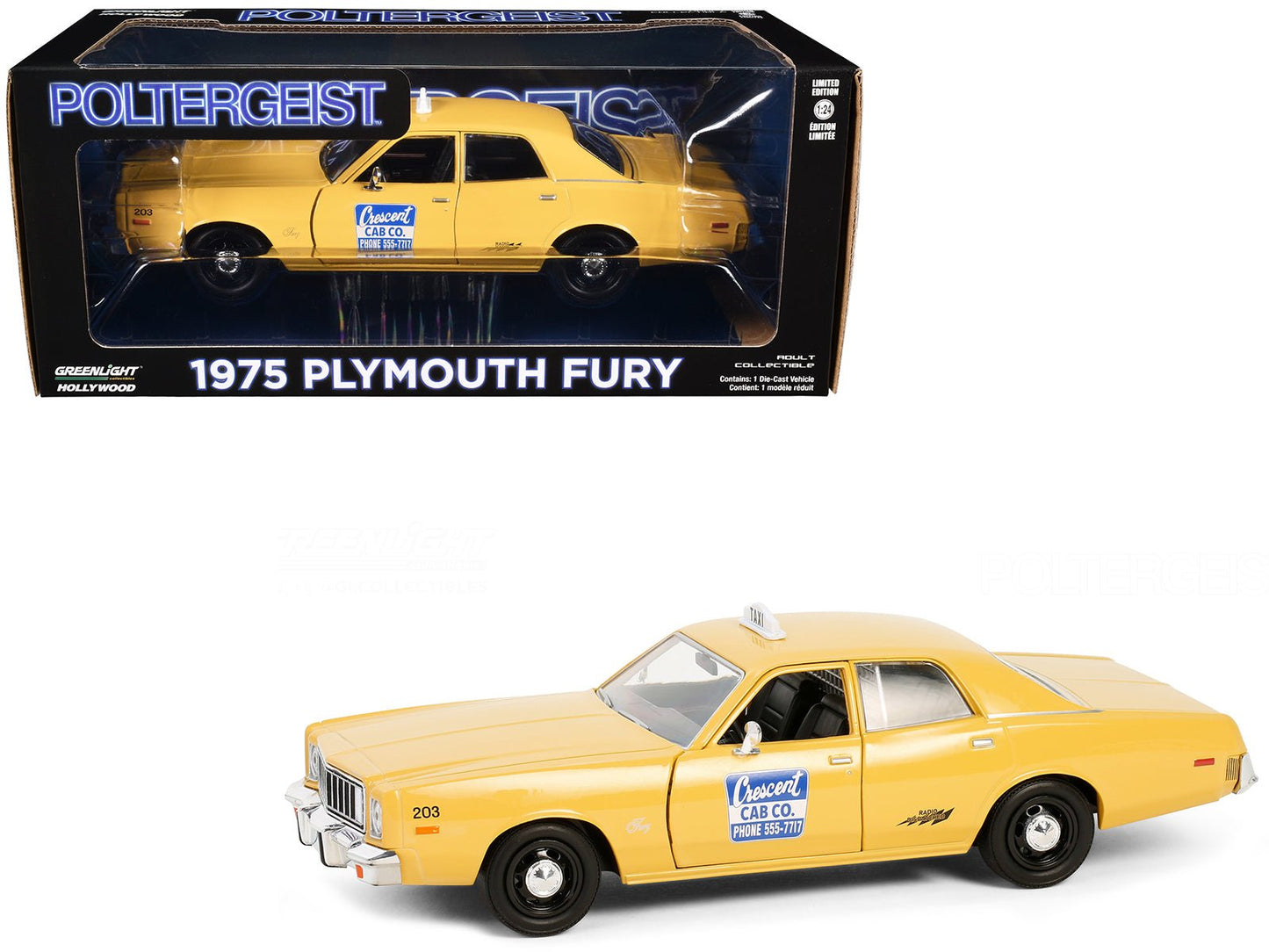 1975 Plymouth Fury Taxi "Crescent Cab Co." Yellow "Poltergeist" (1982) Movie "Hollywood" Series 20 1/24 Diecast Model Car by Greenlight free shipping USA